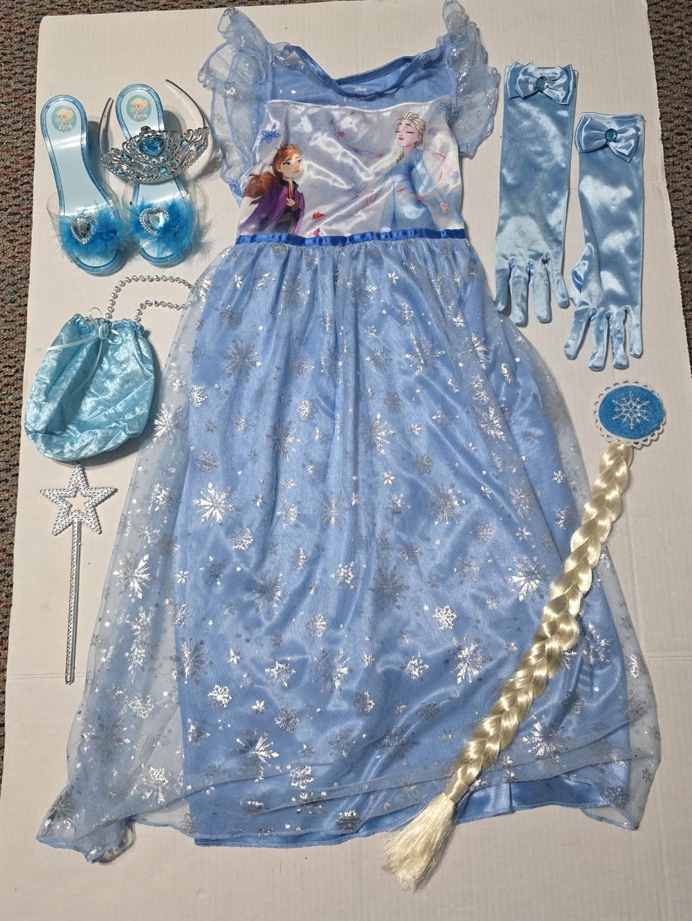 Disney Princess Elsa Frozen Dress Pretend Costume Braid Shoes Gloves Girl's M 8